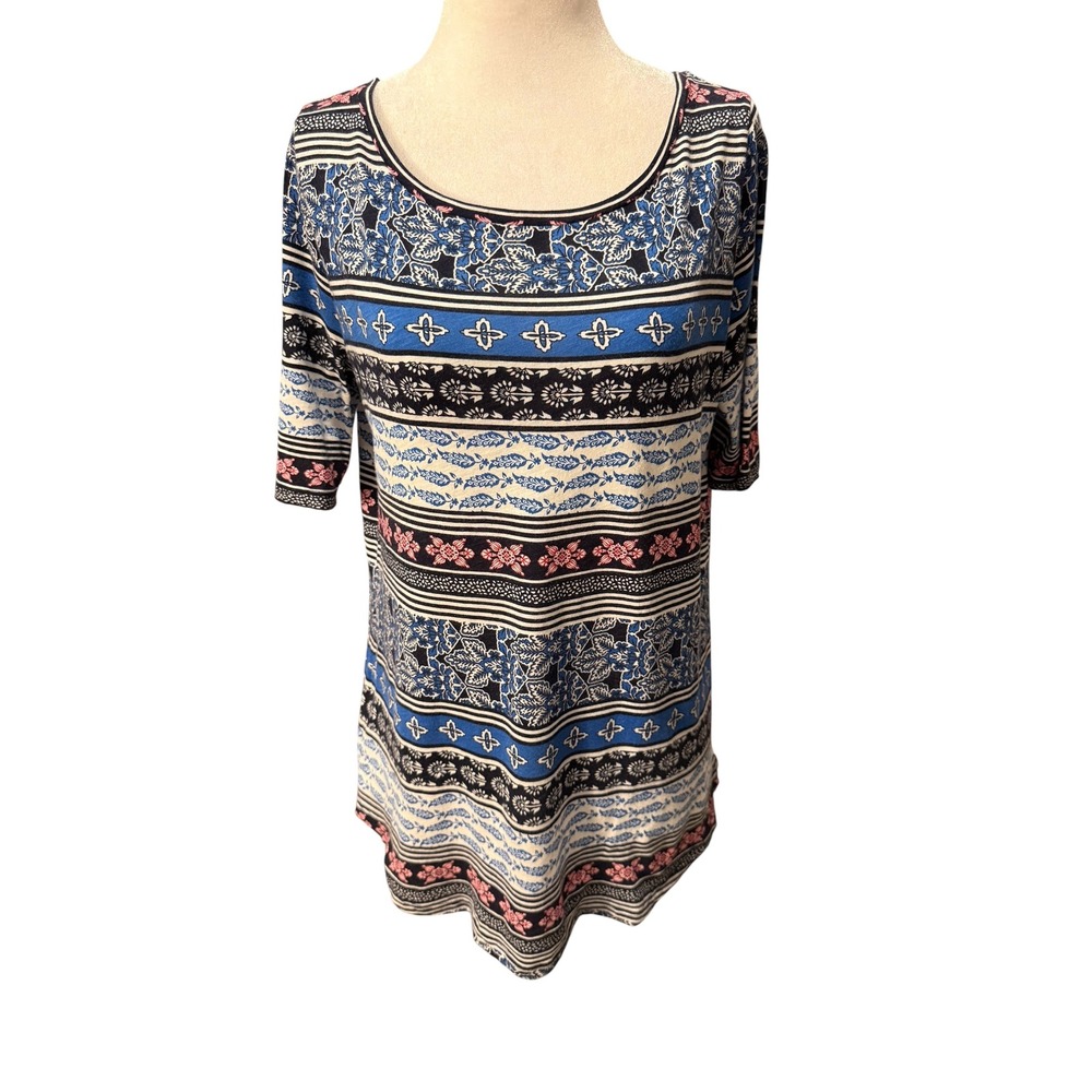 LOFT Vintage Soft Womens M Blue Pink Floral Geometric Cotton Scoop Neck T-Shirt